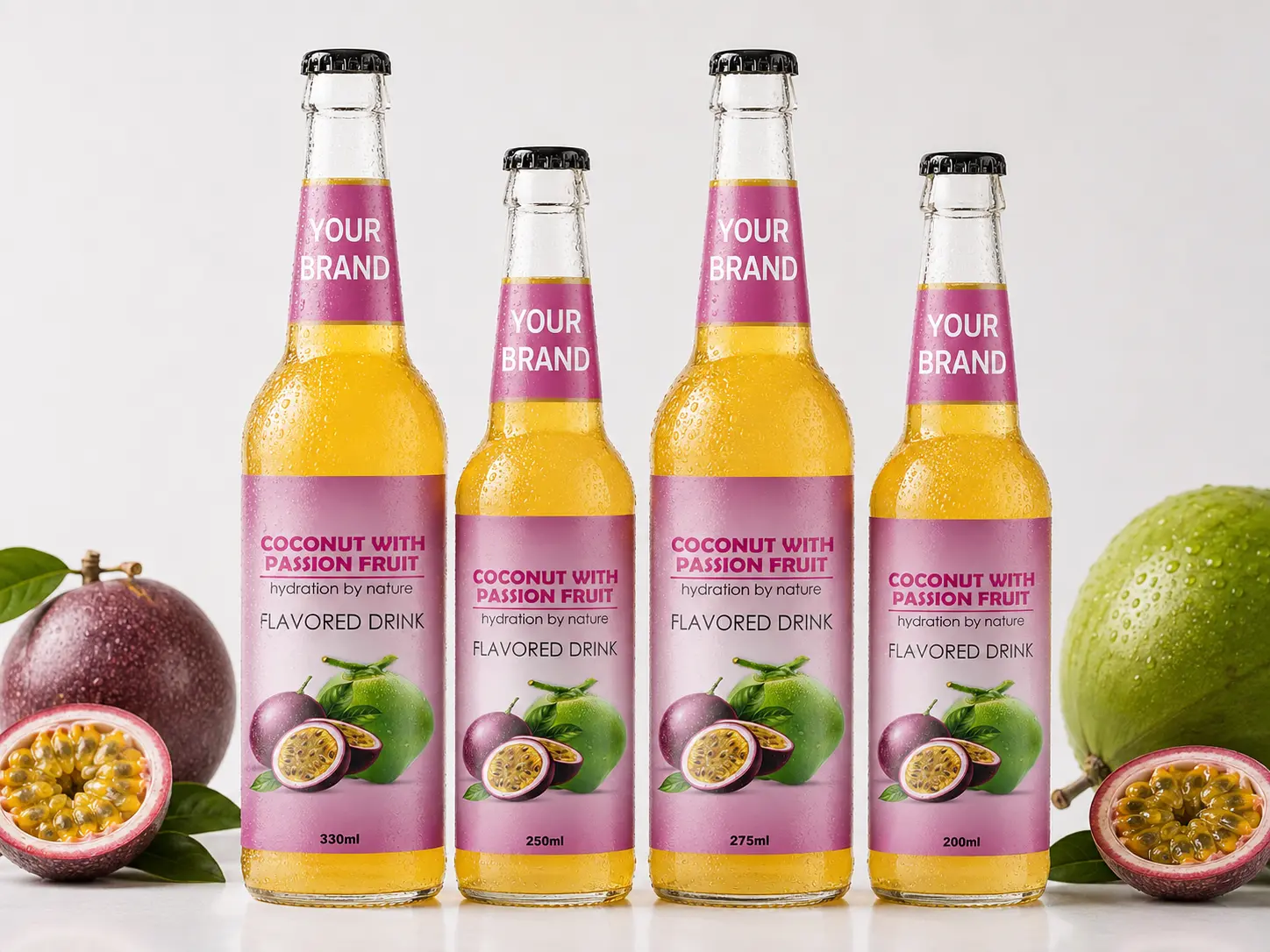 COCONUT FLAVORED DRINK passion fruit flavour shown in 330ml, 250ml, 275ml, and 200ml bottles.